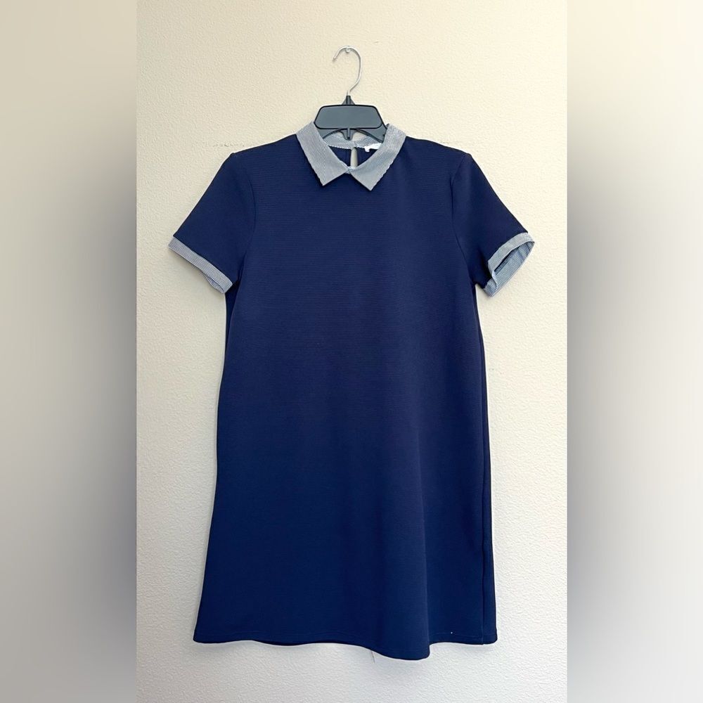 Zara Collar Navy Ribbed A Line Dress - Picture 3 of 9